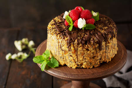 Cake Anthill decorated with raspberries, chocolate and nut on old wooden table. Selective focus.の写真素材