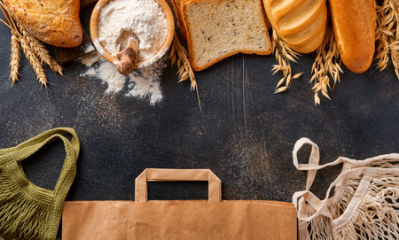 Various crispy breads and buns, wheat flour, ears and paper bag, mesh bags or shopping bag on brown old concrete background table. Top view flat lay with copy spaceの写真素材