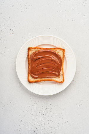 Fresh toast with chocolate paste on a white plate on gray background. View from above.