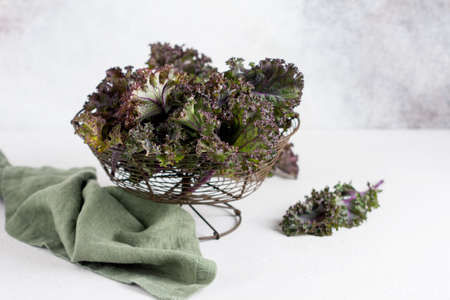 Kale leaves fresh green curly on a cutting board on a light gray slate, stone or concrete...