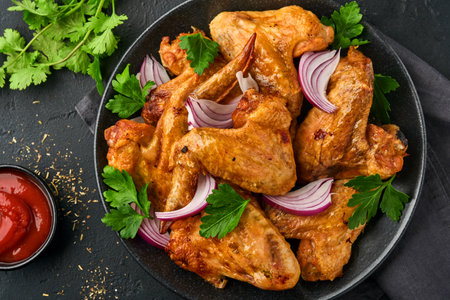 Grilled chicken wings or roasted bbq with spices and tomato salsa sauce on a black plate. Top view with copy space.の写真素材
