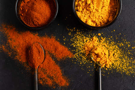 Various spices and seasonings: turmeric and paprika on black stone background. Cooking background and copy space for text, top viewの写真素材