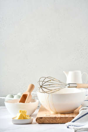 Preparation of dough for home pancakes for Breakfast or for Maslenitsa. Ingredients on the table...