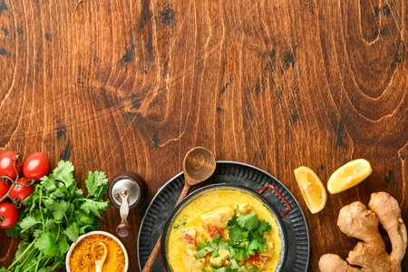 Chicken tikka masala. Traditional of indian cuisine curry and ingredients on dark background. Curry, lime, ginger, cilantro, chili, rice, herbs and spices. Top view with copy space.の写真素材