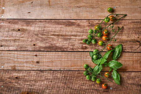 Fresh cherry tomato branches, basil leaves, napkin, pepper and pepper mill on old wooden rustic background. Food cooking background and mock up.の写真素材