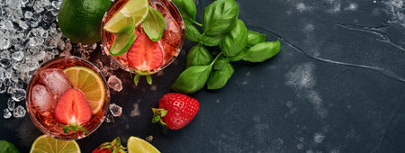 Two glasses of punch and fresh ingredients for making lemonade, infused detox water or cocktail. Strawberries, lime, mint, basil, ice cubes and shaker on black stone or concrete background. Top view.の写真素材