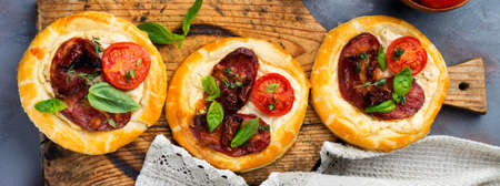 Mini tarts with dried meat, tomatoes, ricotta, thyme, basil and olives on a gray concrete background. Rustic style. Selective focus. Top view.の写真素材