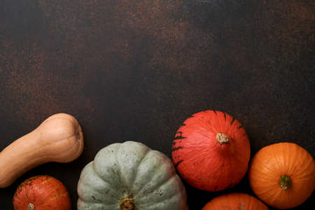Pumpkin. Autumn food background with cinnamon, nuts and seasonal spices on brawn rustic background....