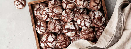 Chocolate brownie cookies in powdered sugar. Chocolate Crinkles.の写真素材