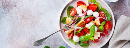 Traditional Italian salad Panzanella with cherry tomatoes, mozzarella cheese, basil and bread in ceramic plate. Top view.の写真素材