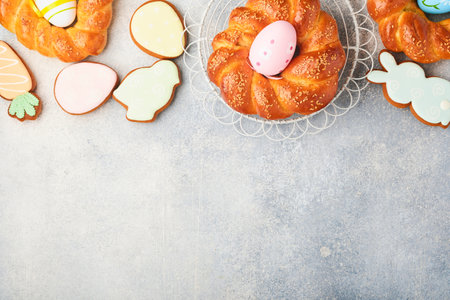 Spanish Easter cake. Traditional mona de pascua typical in Spain with boiled eggs eaten inside on...