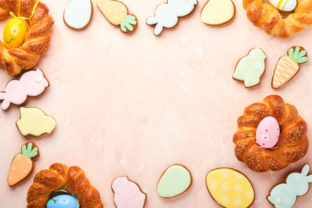 Spanish Easter cake. Traditional mona de pascua typical in Spain with boiled eggs eaten inside on...