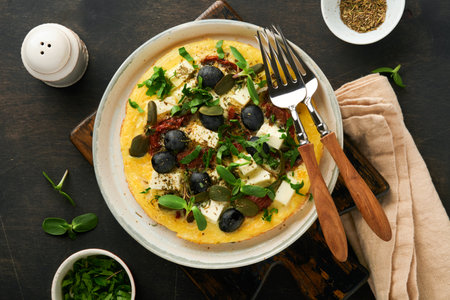 Scrambled eggs. Light, Fluffy and Buttery Scrambled Eggs with feta cheese, sun-dried tomatoes and black olives on plate over old dark wooden rustic background. Delicious breakfast. Top view, flat lay.の写真素材