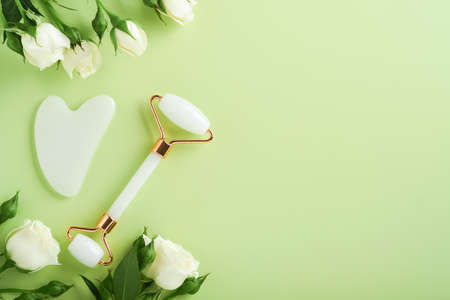 White Guasha massage tool or gua sha massage stone and face roller with rose flowers on light green background. Skin care at home, anti-aging and lifting therapy. Top view. Copy space.の写真素材