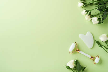 White Guasha massage tool or gua sha massage stone and face roller with rose flowers on light green background. Skin care at home, anti-aging and lifting therapy. top view. copyspace.の写真素材