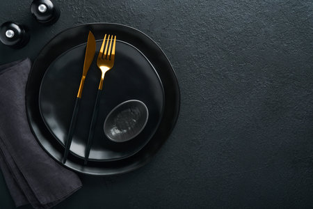 Ceramic empty black plate, silverware and linen kitchen towel napkin on old black ceramic cement concrete table background. Cooking stone backdrop. Top view with copy space. flat layの写真素材
