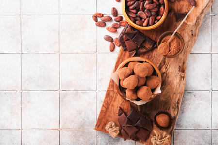 Chocolate truffles with cocoa powder in wooden dish on old cracked tile table background. Tasty sweet chocolate truffles candies. Valentine's Day and Mother's Day concept with copy space. top view.の写真素材