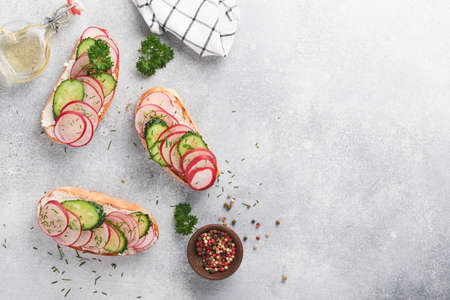 Toast with cheese and radish. Sandwiches with cottage cheese, radish, cucumber and green onions on gray concrete background. Healthy spring sandwiches. Traditional Scandinavian toast. top view.の写真素材