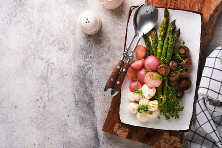 Asparagus, mushrooms, mozzarella cheese, grilled radish and cress salad, oil olive salad on rectangular ceramic plate on light gray tile table background. Healthy diet grilled food concept. top view.の写真素材