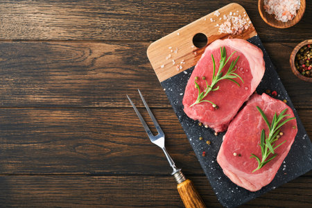 Steaks. Fresh Filet mignon Steaks with spices rosemary and pepper on black marble board on old wooden table background. top view. Mock up.の写真素材