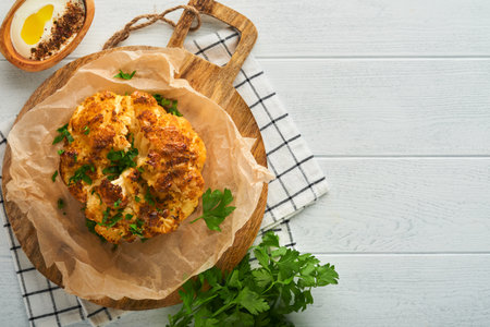 Baked cauliflower. Oven or whole baked cauliflower spices and herbs server on wooden rustic board on old white wooden background table. Delicious cauliflower. Eyal Shani dish. Perfect tasty snack.の写真素材