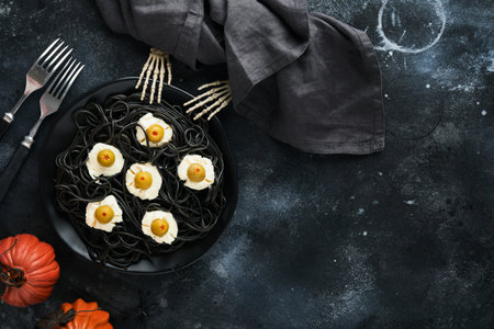 Halloween party Italian black pasta decorated horror olives like eyes on black plate on old dark table background. monster face from pasta. Halloween decorations and Halloween food concept. Mock up.の写真素材