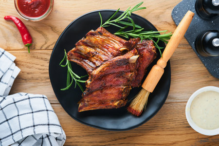 Grilled and smoked pork ribs with barbeque sauce on an old vintage wooden cutting board on old wooden table background. Tasty snack to beer. american food concept. top view.の写真素材