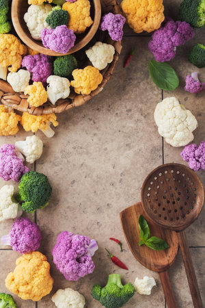 Colorfu cauliflower frame. Cauliflower cut into small pieces in box or basket on old gray stone tile background. frame mockup. Food cooking and agricultural harvest concept or background.の写真素材