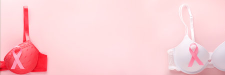 Breast Cancer Awareness Ribbon. White and red bra with pink ribbon tape lying on female bra on backgrounds. Breast cancer awareness and October Pink day, world cancer day. top view. Mock up. Banner.の写真素材