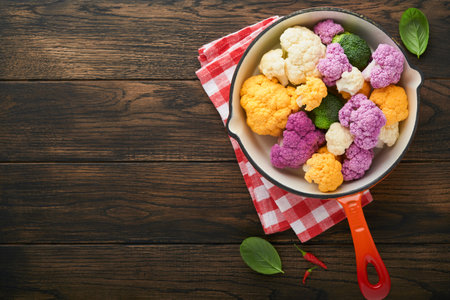 Colorfu cauliflower. Cauliflower cut into small pieces in red iron panon old wooden rustic background. Food cooking and agricultural harvest concept or background.の写真素材