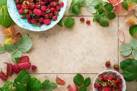 Raspberry. Branch of ripe raspberries with leaves on old concrete tile background backgrounds....