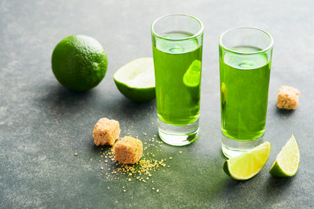Absinthe. Two glasses of absinthe with cane sugar and lime on dark background. Strong alcoholic...