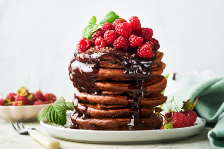 Chocolate pancakes. Pancakes with fresh raspberry with chocolate glaze or toppings in gray bowl on...