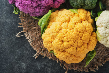 Colorful cauliflower. Various sort of cauliflower on old dark gray concrete background. Purple, yellow, white and green color cabbages. Broccoli and Romanesco. agricultural harvest. Mock up.の写真素材