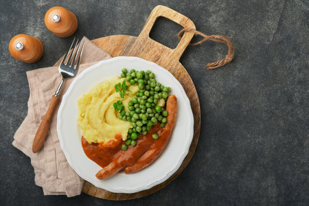 Bangers and mash. Grilled sausages with mash potato and green pea on white plate on black dark background. Traditional dish of Great Britain and Ireland. BBQ beef sausages. Top view.の写真素材
