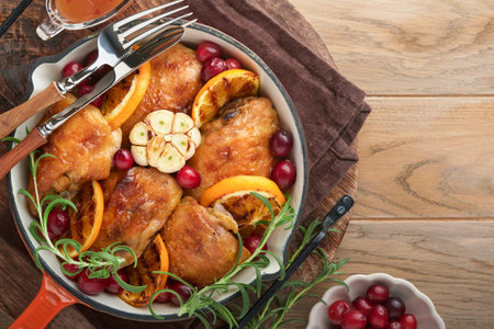 Baked chicken thighs with orange, cranberry and spicy herbs rosemary servered in frying pan on light wooden rustic background. Festive Christmas Dinner Concept menu. Top view. copy spaceの写真素材