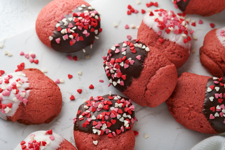 Valentine's day cookies. Shortbread cookies with glaze white and dark chocolate and heart sprinkles on plate on white background. mother's day. women's day. Sweet holidays baking. top view.の写真素材