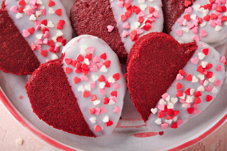 Red velvet or brownie cookies on heart shaped in chocolate icing on a pink romantic background. Dessert idea for Valentines Day, Mothers or Womens Day. Tasty homemade dessert. Cake for Valentine's Dayの写真素材