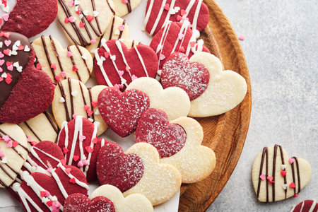 Valentine's day cookies. Shortbread cookies inside sweet red heart with chocolate glaze on pink plate on gray background. mother's day. women's day. Sweet holidays baking. Valentine's day card. top view.の写真素材