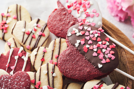 Valentine's day cookies. Shortbread cookies inside sweet red heart with chocolate glaze on pink plate on gray background. mother's day. women's day. Sweet holidays baking. Valentine's day card. top view.の写真素材