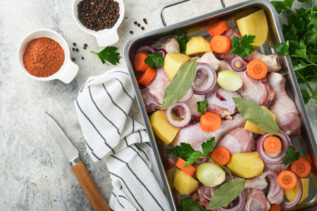Cooking chicken bouillon or roast in cooking pan or pot with vegetables potatoes, carrots and herbs on kitchen gray concrete worktop scenery from above. Cooking preparing chicken stock. Mock up.の写真素材