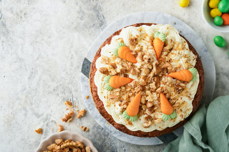 Easter Carrot cake with cream cheese frosting. Delicious carrot cake with walnut and cream cheese frosting on gray concrete background table for festive dinner. traditional carrot cake. Easter food.の写真素材
