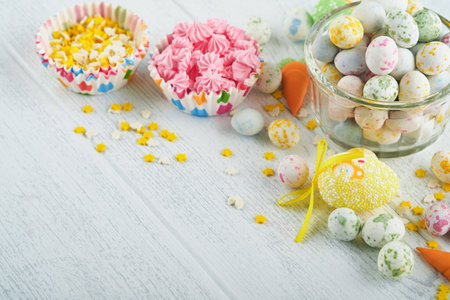 Sweet Easter concept. Sweet Easter kids holiday assortment marshmallows rabbit, chocolates easter...