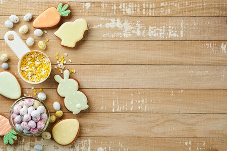 Easter homemade gingerbread rabbits, carrots, chickens and eggs icing cookies. Festive holiday sweet...