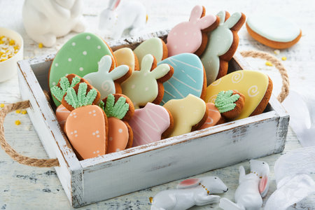 Easter homemade gingerbread rabbits, carrots, chickens and eggs icing cookies. Festive holiday sweet food concept. Easter baking or decoration idea. White background, holiday concept with copy spaceの写真素材