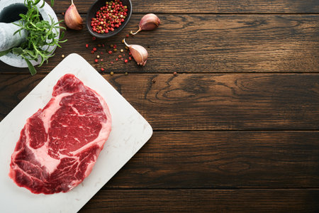 Raw fresh ribeye steak or Rib-eye steak. Raw fresh marbled meat Ribeye Black Angus and seasonings pepper, rosemary, thyme and salt on old wooden rustic background. Top view and copy space.の写真素材