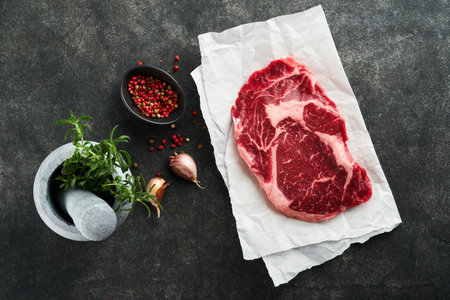 Raw fresh ribeye steak or Rib-eye steak. Raw fresh marbled meat Ribeye Black Angus and seasonings pepper, rosemary, thyme and salt on old wooden rustic background. Top view and copy space.の写真素材