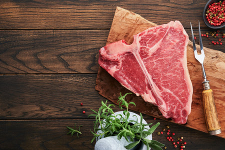 Thick Raw T-Bone Steak. Dry-aged Raw T-bone or porterhouse beef meat Steak on cutting boar with herbs and salt on dark background. Top view and copy space.の写真素材