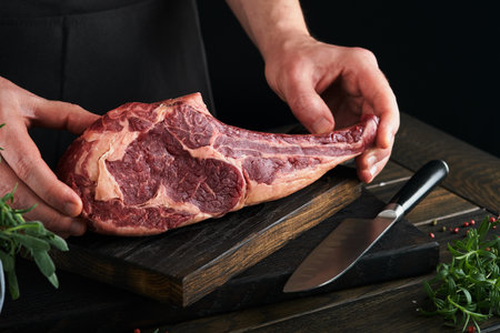 Chef cutting steak beef. Mans hands hold raw steak Tomahawk on rustic wooden cutting board on black background. Cooking, recipes and eating concept. selective focus.の写真素材