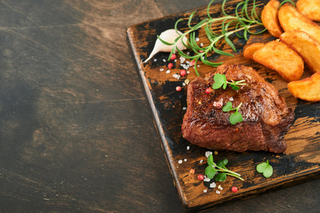Steaks. Sliced grilled meat steak New York, Ribeye or Chuck roll with garnished with salad and french fries on black marble board on old wooden background. top view. Mock up.の写真素材